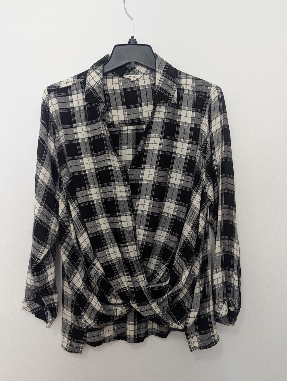 Classic Black White Plaid Twist Blouse Black White Viscose Long Sleeve Chic XL